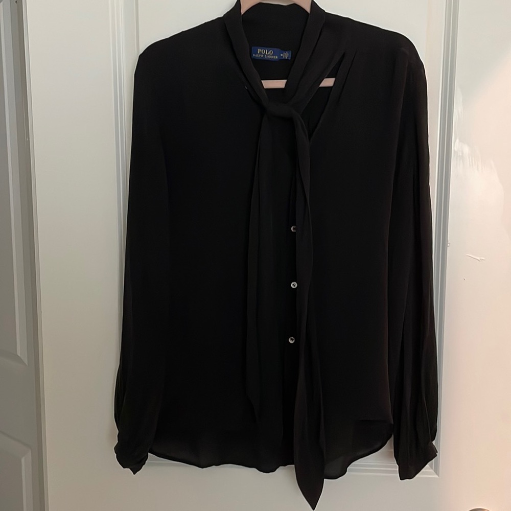 Silk Polo Ralph Lauren Tie Neck Top Blouse Work Black